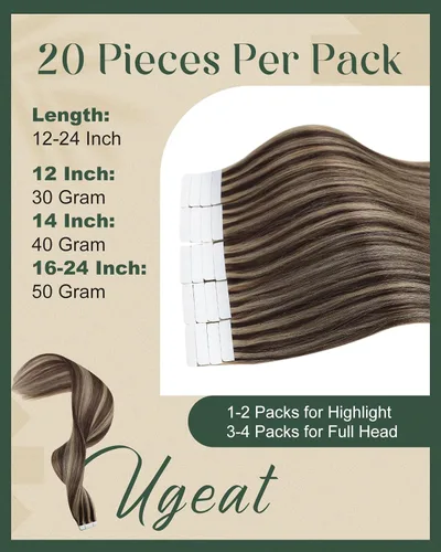 Miniatura 4 de Ugeat - Extensiones de cabello humano con cinta adhesiva, color marrón, extensiones de cabello humano, color marrón oscuro a rubio caramelo, Cinta