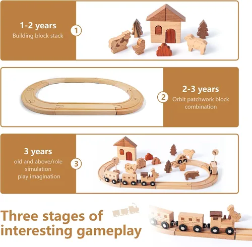 Miniatura 4 de Juego de tren de madera Montessori juguetes para niños fomentan el juego imaginativo y las habilidades motoras finas, pistas de tren de doble cara