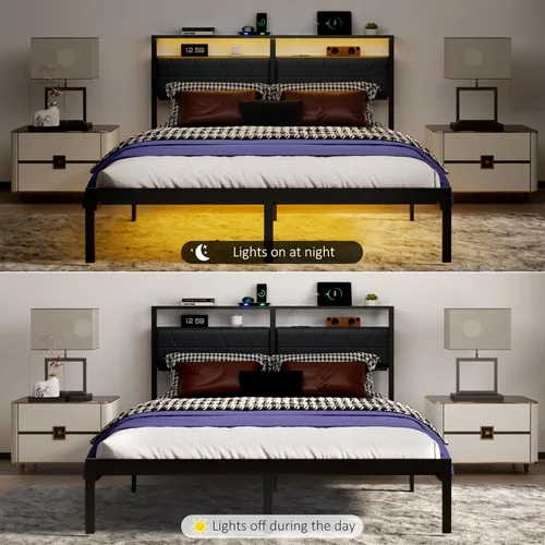 Miniatura 7 de J.Fkne - Marco de cama Queen con luces LED y estación de carga, marco de cama estilo plataforma metálica con cabecera de almacenamiento de 2