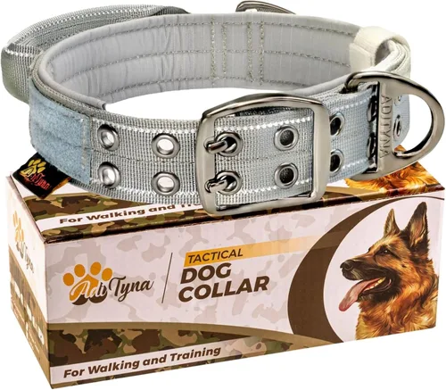 ADITYNA Collar de perro resistente para perros grandes, collar gris reflectante con asa para entrenar y caminar, ancho, grueso, táctico, acolchado