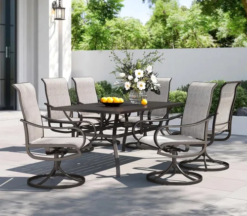 Miniatura 21 de PHI VILLA Juego de comedor de patio de 5 piezas con 4 sillas de comedor giratorias para exteriores y 1 mesa de comedor redonda grande, silla de tela