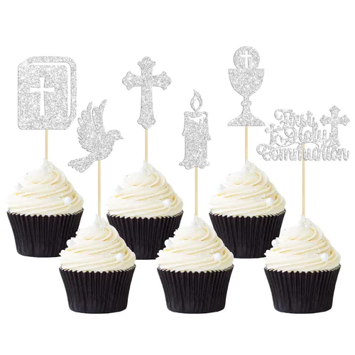 Miniatura 13 de Gyufise 25 adornos para magdalenas de la primera comunión con purpurina para la primera comunión, decoración para tartas de la primera comunión