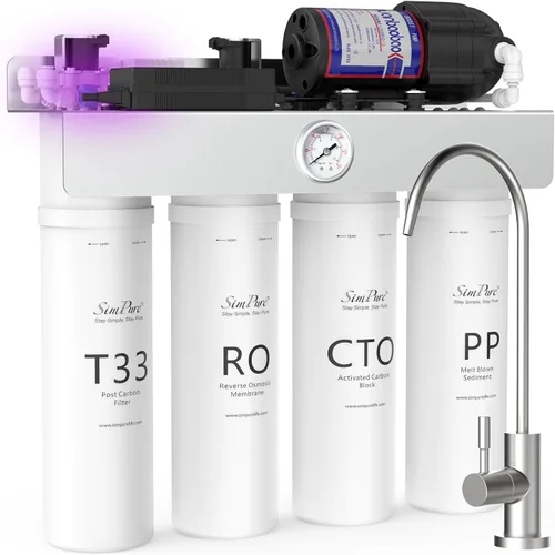SimPure Sistema de ósmosis inversa sin tanque T1-400UV con UV, certificado NSF/ANSI 58, sistema de filtro de agua RO para debajo del fregadero 400