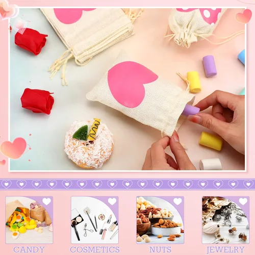 Miniatura 4 de Crtiin 24 bolsas de regalo de arpillera para el día de San Valentín, bolsas de regalo de lino con cordón de corazón, bolsa de dulces para regalos