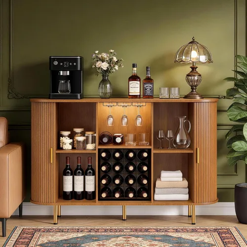 DHH 55" Gabinete de barra de vino con almacenamiento, gabinete de barra de licor y café estriado con estante de vino y soporte para vasos, aparador