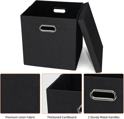 Miniatura 4 de Contenedores de almacenamiento con tapas, cajas plegables de tela de lino, contenedores organizadores con tapa, cesta de almacenamiento plegable