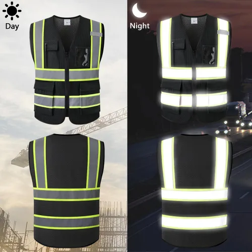 Miniatura 2 de Chaleco de seguridad reflectante para hombres y mujeres, con 5 bolsillos y cremallera frontal de malla, chaleco de alta visibilidad, chaleco