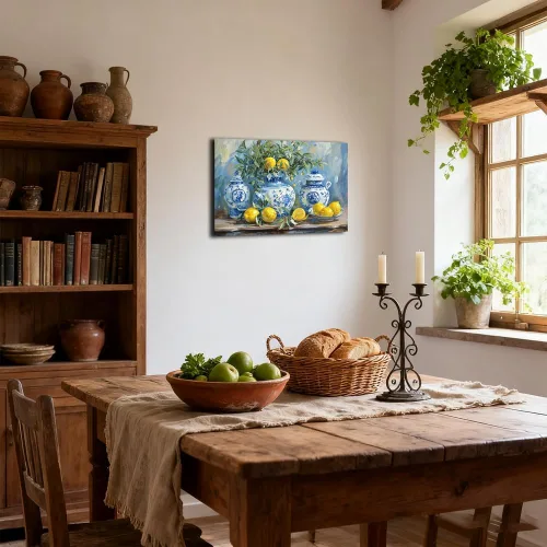 Miniatura 2 de SWQYLB Arte de pared de limón para cocina, cuadro vintage de frutas cítricas, impresiones en lienzo amarillo limón con cerámica azul, pintura