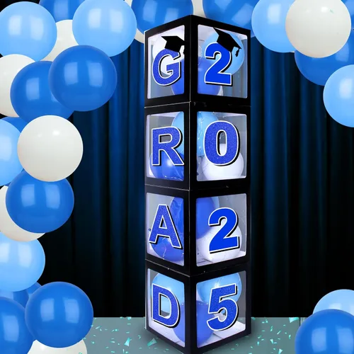 Miniatura 7 de Decoraciones azules para fiestas de graduación 2026, cajas de globos de graduados – 4 cajas de globos negros con 4 cuerdas de luz y letras 2026 Grad
