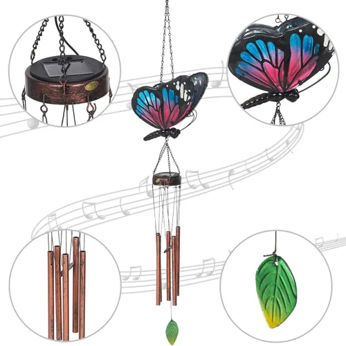 Miniatura 3 de Campanillas de viento solares para exteriores, diseño de mariposa, decoración exterior para patio, porche, jardín (azul)