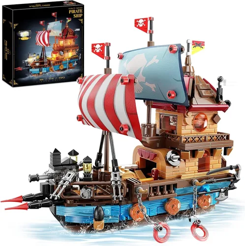 Vziimo Juegos de construcción de barcos piratas con luces, modelo creativo de barco, barco pirata, juguetes de construcción para decoración del