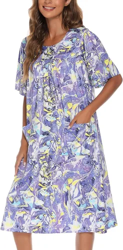Miniatura 4 de AVIIER Vestido de casa para mujer, manga corta, vestidos de descanso Mumu con bolsillos