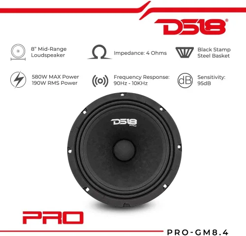 Miniatura 2 de DS18 PRO-GM8.4 - Altavoz de 8 pulgadas, rango medio, cesta de acero negro, 580 W máximo, 190 W RMS, 4 ohmios, altavoces de puerta de audio de alta