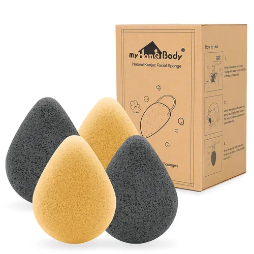 Miniatura 9 de myHomeBody Esponjas faciales naturales Konjac – forma de lágrima – para una limpieza y exfoliación facial suave – con carbón activado y aloe vera