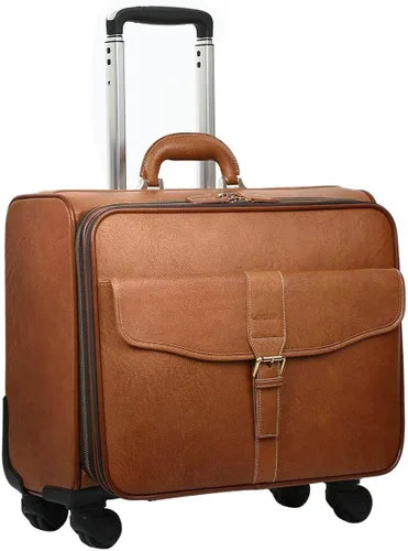 Miniatura 2 de Leathario Maleta con ruedas de cuero para laptop, maletín con ruedas, Marrón, XL