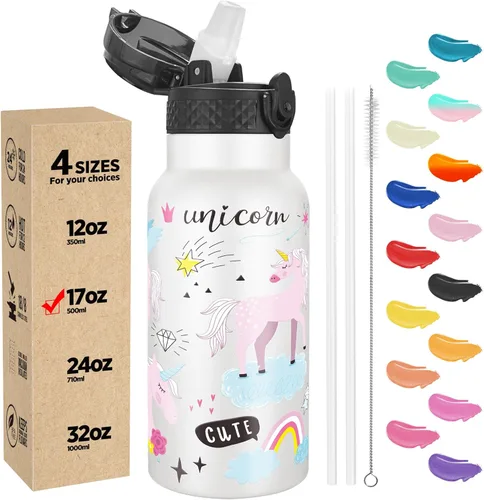 Han's Bottle Botella de Agua para Niños con Tapa de Pajita - Vaso Térmico Reutilizable de Acero Inoxidable Aislado para Niñas, Niños, Taza Térmica,