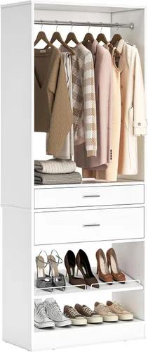 Miniatura 16 de Unikito Organizador de armario de 25 pulgadas de ancho x 80 pulgadas de alto, con barra para colgar y 2 cajones de madera, zapatero ajustable