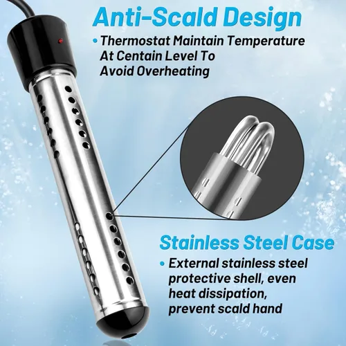 Miniatura 3 de Calentador de agua de inmersión de 2000W, calentador de agua eléctrico portátil con protección de 304 S S y termómetro LCD, calentador de balde