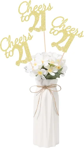 Gexolenu Cheers to 21, paquete de 10 centros de mesa con purpurina dorada de doble cara para cumpleaños número 21 para mesas, palitos decorativos