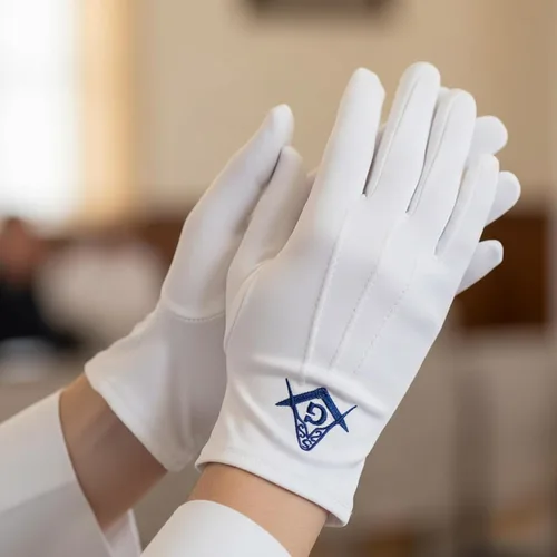 Miniatura 4 de Blue Square & Compass Masonic Embroidered Cotton Gloves - [White]