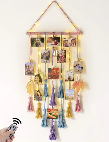 Miniatura 10 de Homecor Decoración de pared colgante de macramé negro, decoración bohemia para habitación, collage de marcos de fotos con luz remota, 30 clips