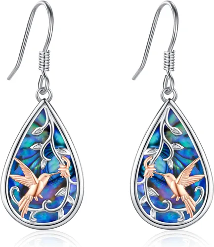 Miniatura 83 de Aretes colgantes de plata de ley con diseño de árbol de la vida, flor, abeja, animales, gato, colibrí, piedra lunar, turquesa, aretes con cierre