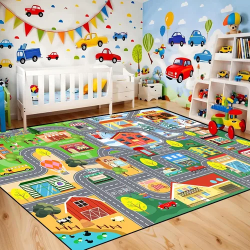 Miniatura 11 de Alfombras de construcción para habitación de niños de 2 x 3 pies, alfombra de juego para autos y camiones, alfombra de coche para niños, alfombra