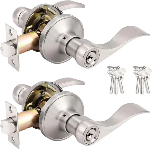 Miniatura 20 de Probrico Keyed Alike - Manija de puerta de níquel cepillado, manijas de puerta de entrada estilo ondulado, manijas de puerta para puertas interiores