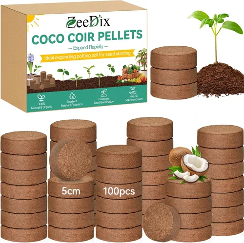 Miniatura 16 de ZeeDix 50 pellets de fibra de coco orgánica de 1.181 in para iniciadores de semillas, tierra de coco comprimida para plantar, suelo de jardín