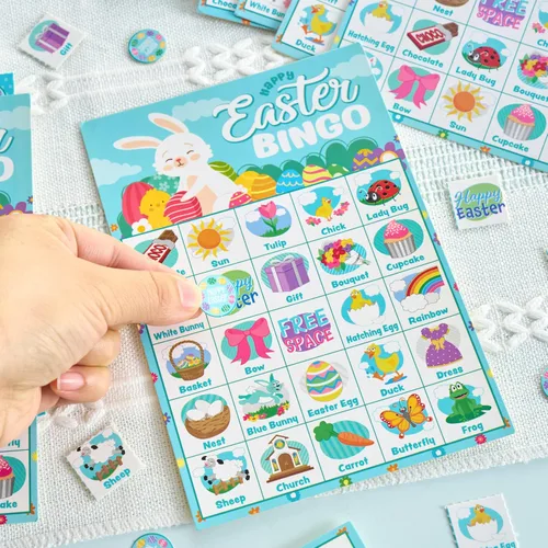 Miniatura 7 de JOYIN Tarjeta de bingo de Pascua para 28 jugadores (5 x 5) con color azul para niños, niñas y adultos, juegos de Pascua, actividades escolares