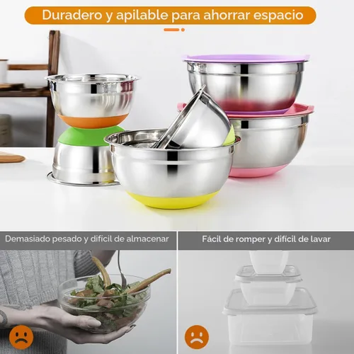 Miniatura 9 de CHAREADA Tazones de mezcla con tapas herméticas, juego de 18 cuencos de acero inoxidable para mezclar anidación, parte inferior de silicona Colorido