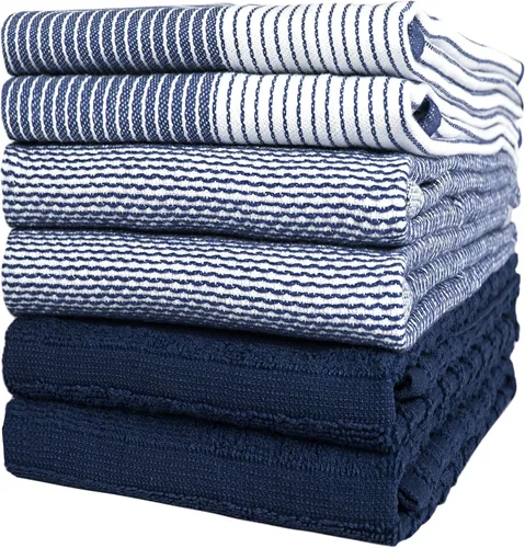 Toallas de cocina premium (20" x 28", paquete de 6) | Toallas de cocina grandes de algodón | Juego de ropa de cocina plana y de rizo altamente Azul