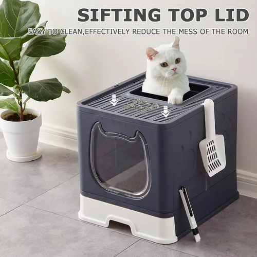 Miniatura 4 de Caja de arena para gatos con tapa, plegable y cerrada, con entrada superior, para gatos en crecimiento, tipo cajón para gatitos, inodoro con puerta