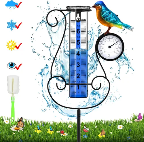 Pluviómetro para exterior, pluviómetro digital de gran tamaño y color con colibrí metálico y termómetro & higrómetro, altura ajustable, gran Aves y