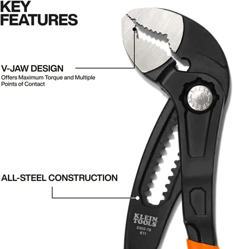 Miniatura 2 de Klein Tools D5057B Alicates ajustables de 7 pulgadas, alicates de bomba Klaw de ajuste rápido, diseño compacto con mordaza en V y dientes