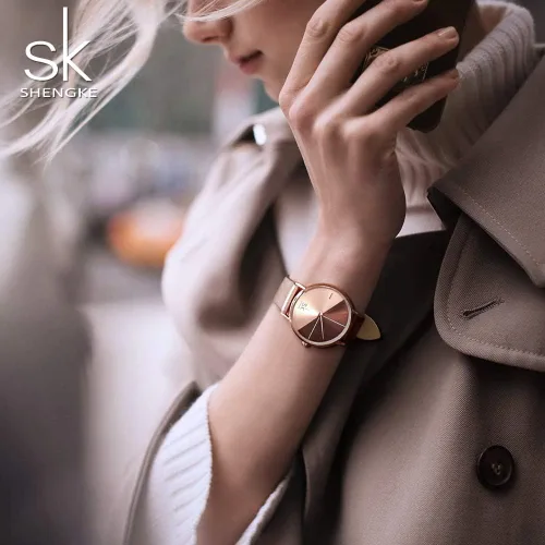 Miniatura 6 de SHENGKE Simplicity Creative - Reloj de pulsera para mujer, de cuero auténtico, elegante, para mujer, Movimiento de cuarzo