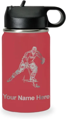Miniatura 27 de LaserGram Botella de agua personalizada, jugador de hockey, acero inoxidable de doble pared aislada al vacío con popote superior, regalo grabado
