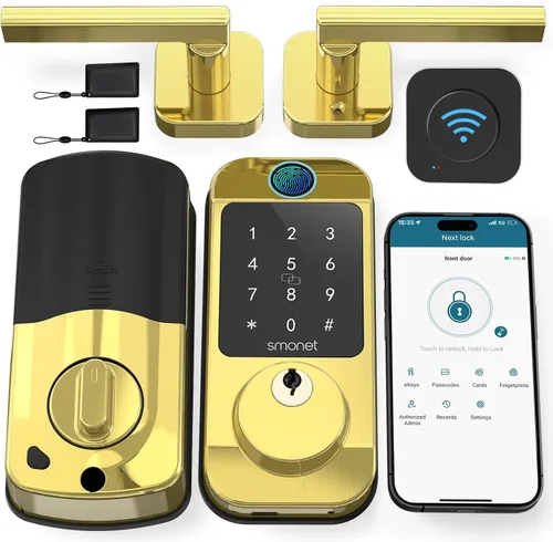 SMONET Cerradura de puerta WiFi sin llave con asa – Cerradura de seguridad inteligente con teclado Bluetooth de huellas dactilares, control remoto a
