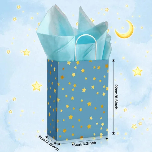 Miniatura 2 de Pajean Paquete de 32 bolsas de regalo de fiesta con temática de estrellas con asa, mini bolsas de regalo de papel kraft con pañuelos, suministros