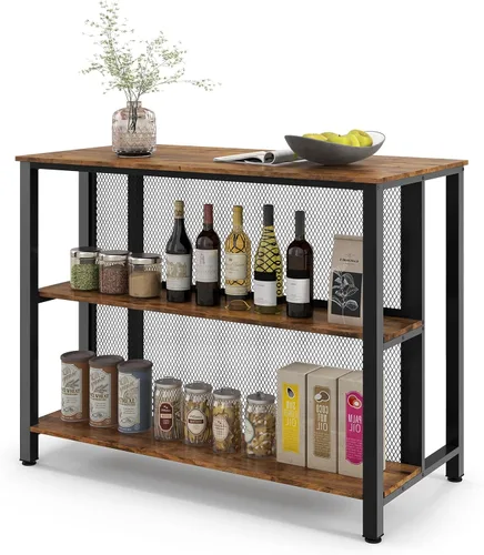 COSTWAY Unidad de bar para el hogar, mesa de bar de 3 niveles con estantes de almacenamiento, marco de metal, almohadillas ajustables para los pies,