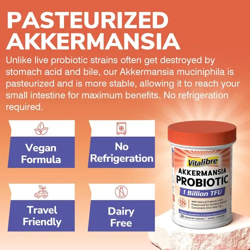 Miniatura 6 de Vitalibre Akkermansia Muciniphila Probiotic 1 mil millones de TFU con inulina prebiótica natural, aumenta naturalmente GLP-1, digestión saludable
