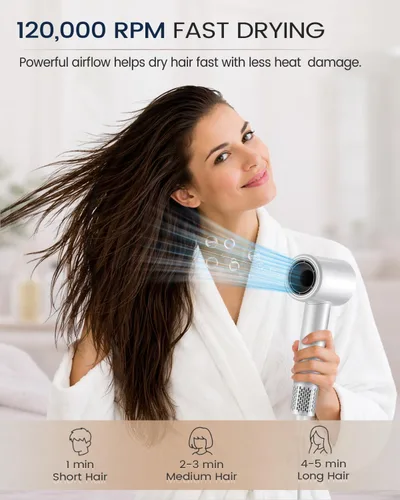Miniatura 2 de Secador de pelo iónico, secadora de arco de alta velocidad de 120,000 RPM con difusor para cabello rizado, grueso y encrespado, secador de pelo