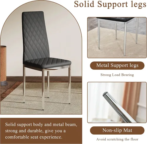 Miniatura 6 de Juego de 4 sillas de comedor modernas, de piel sintética negra, juego de 4, sillas tapizadas con respaldo alto con patas de metal plateado