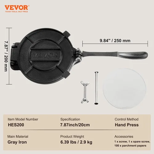 Miniatura 7 de VEVOR Prensa para Tortillas, Máquina para Tortillas y Roti de 8 Pulgadas, Prensa Tortilladora de Hierro Fundido Resistente, Máquina Pataconera