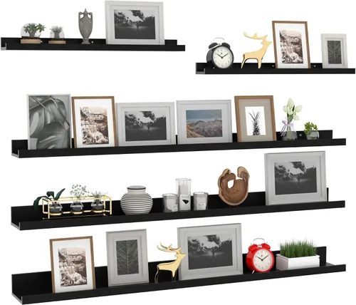 Miniatura 18 de Giftgarden Juego de 5 estantes flotantes de 24 pulgadas montados en la pared, estantes de pared de madera negra para baño, dormitorio, cocina, sala