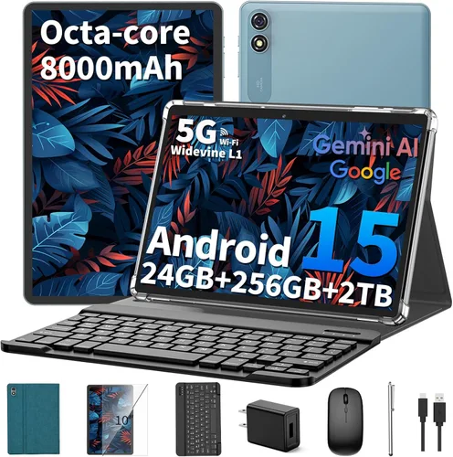 Tablet Android de 15 pulgadas, tableta con teclado 2025, 24GB+256GB+2TB expandible, tabletas 2 en 1 con 8 núcleos, WiFi 5G, 8000mAh, BT5.0,
