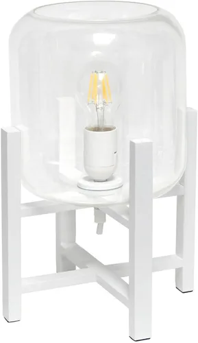 Simple Designs LT1068-WHT Lámpara de mesa cilíndrica de vidrio montada en madera, blanco/transparente, 9 x 9 x 13.38 pulgadas