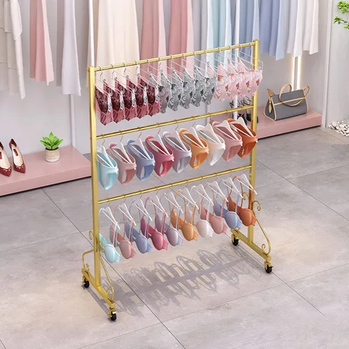 Soporte de exhibición de ropa interior de pie con ruedas, tienda al por menor moderna de 3 niveles, soporte de sujetador de doble cara, pantalones