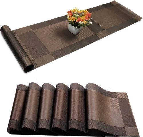 Manteles individuales con juegos de caminos de mesa, manteles individuales de vinilo tejido entrecruzado para cocina, tapetes de PVC lavables para