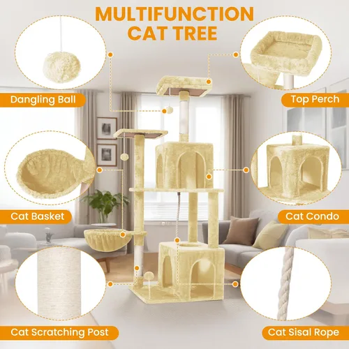 Miniatura 5 de Árbol para gatos, torre de gato de 54 pulgadas para gatos de interior, condominio de felpa de varios niveles para gatos con postes rascadores